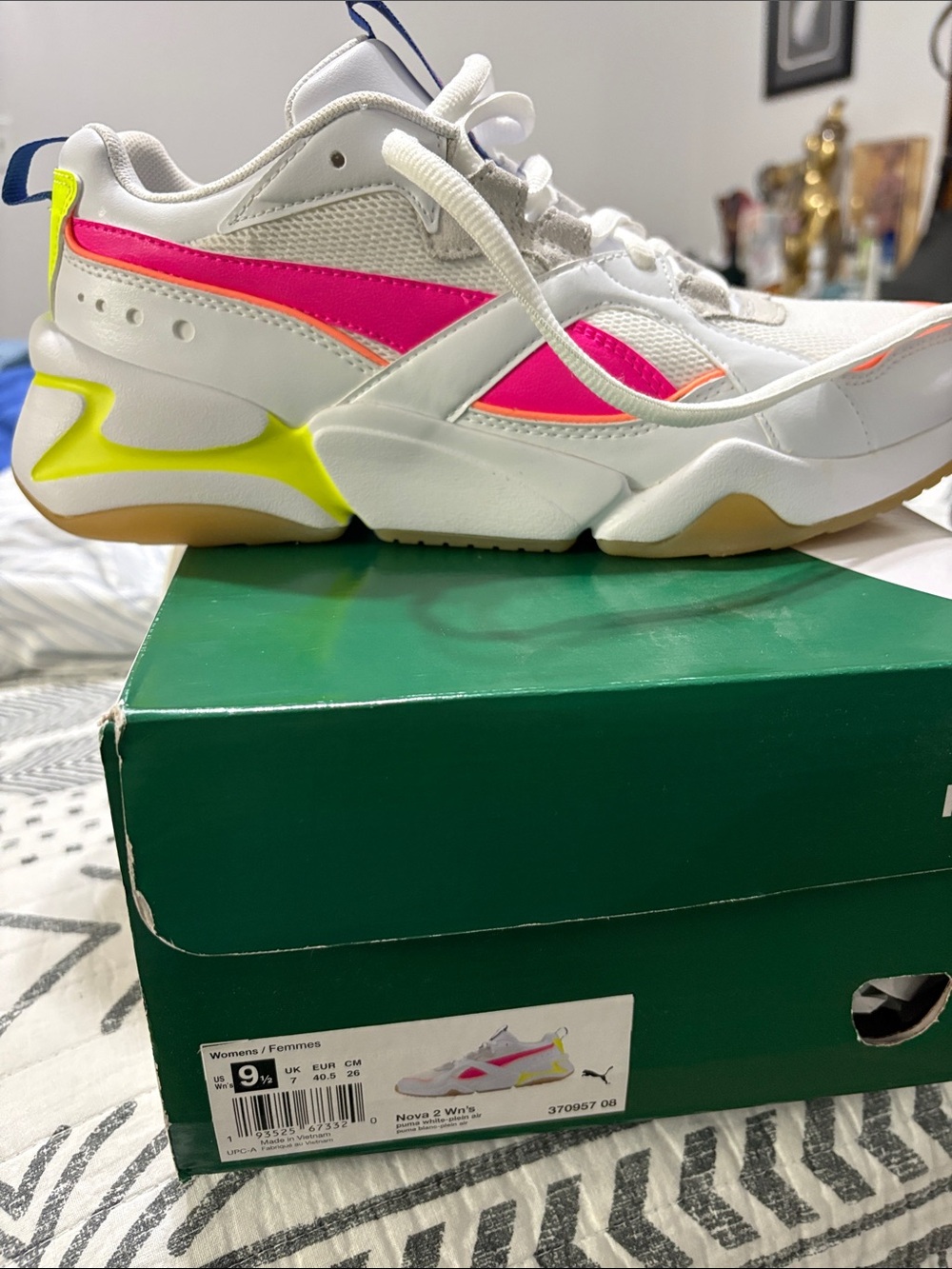 Puma White Sneakers with Hot Pink and Neon Yellow Accents